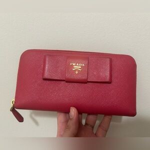 Prada Saffiano Bow Zip-Around Wallet in Berry Red EUC